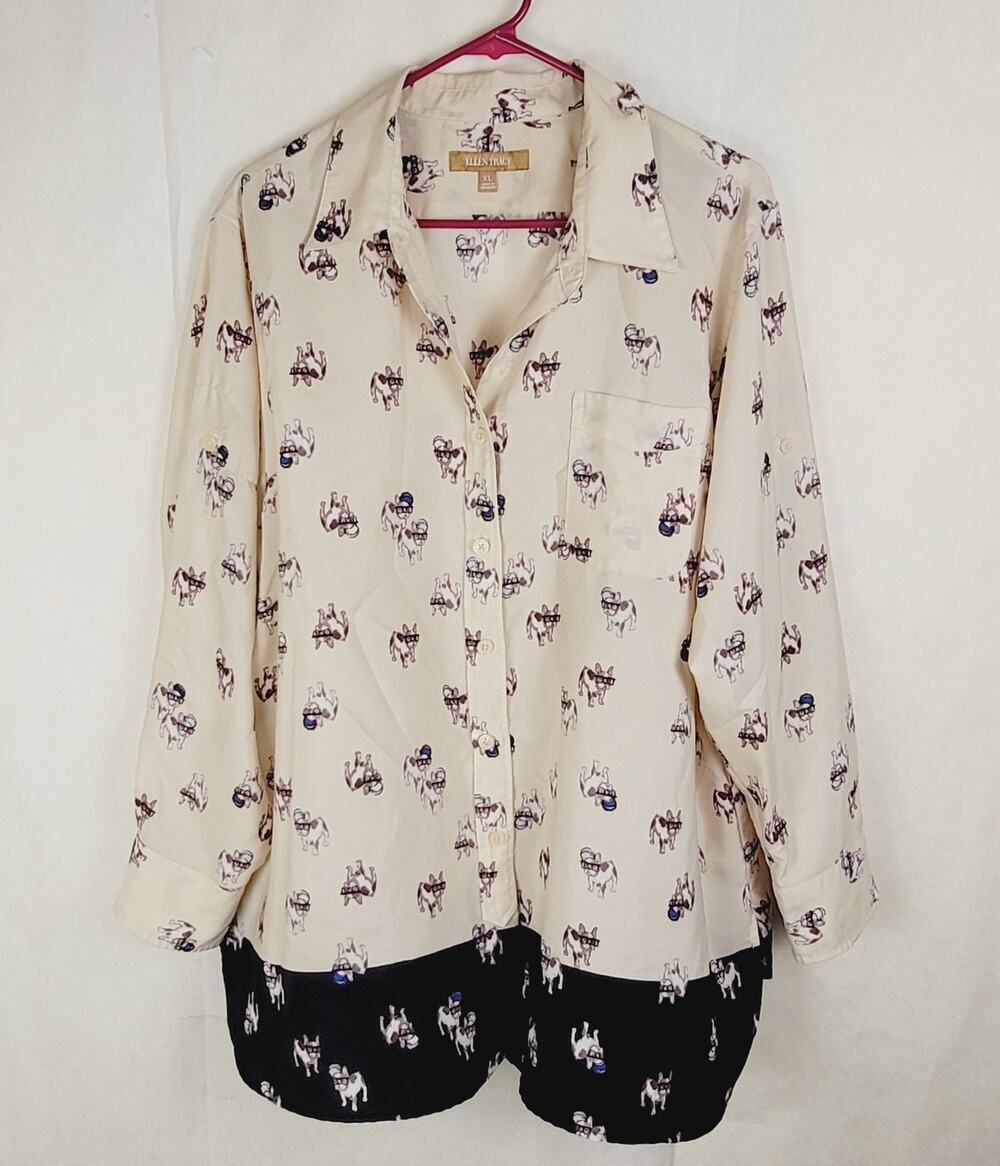 Ellen Tracy sunglass dogs button up shirt Size XL Novelty Quirky Retro Preppy